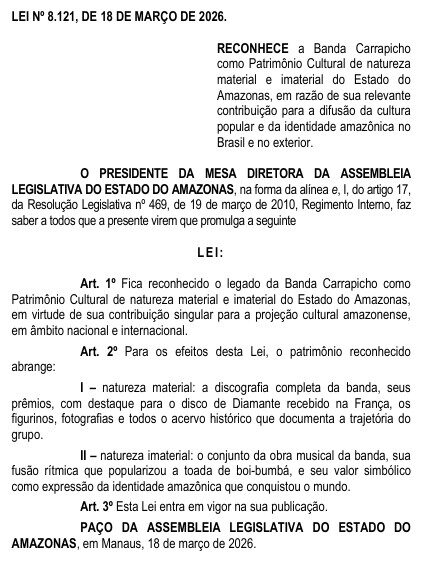 Lei que tornou a banda Carrapicho patrimônio cultural do Amazonas