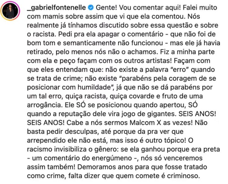 Comentário de Gabriel Fontenelle, filho de Astrid 