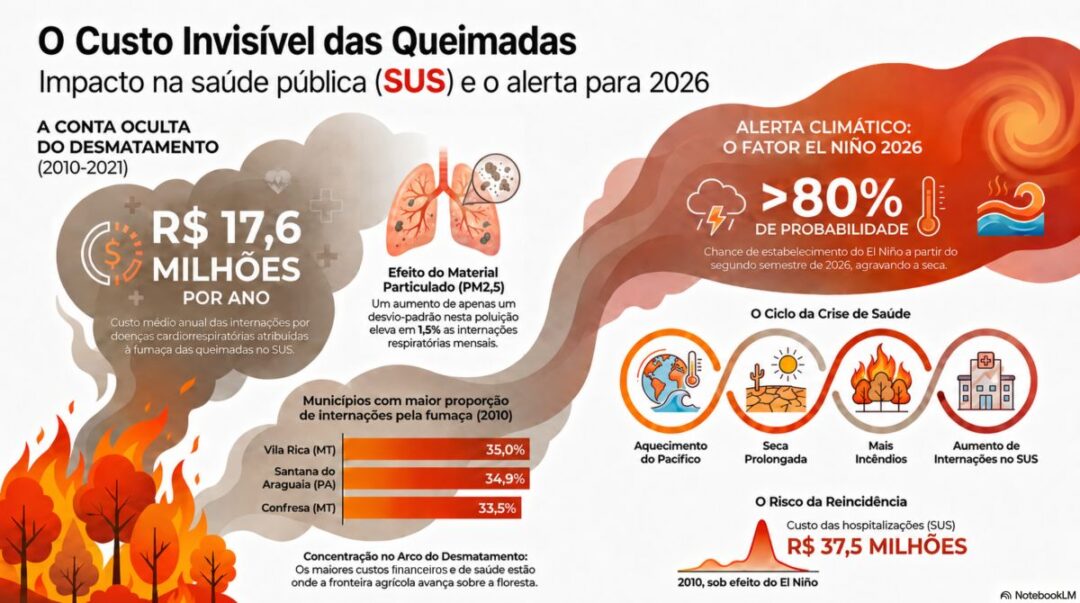 Imagem colorida mostra prejuízos causados por fumaças de queimadas em gráfico