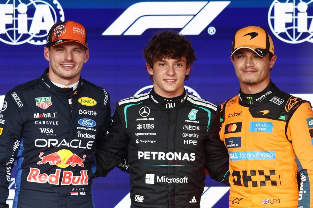 Verstappen, Antonelli e Norris após classificação do GP da Bélgica