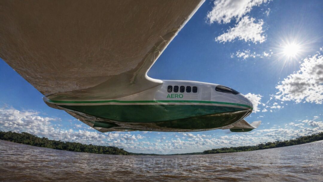 Imagem mostra projeção de veículo da startup Aeroriver voando a poucos metros da água 
