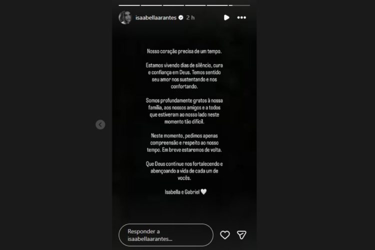 Gabriel Medina e Isabella Arantes agradecem carinho e pedem compreensão